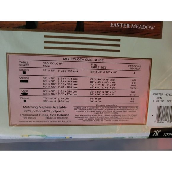 Vintage Easter Medow Bunny Tobin Holiday Tablecloth Size 70" Round, Cotton New - Picture 4 of 4